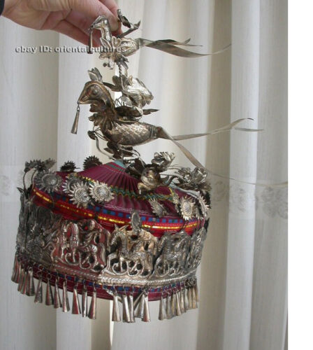 Vintage Exotic Chinese Handmade Miao Silver embroidery Hat - Picture 9 of 12