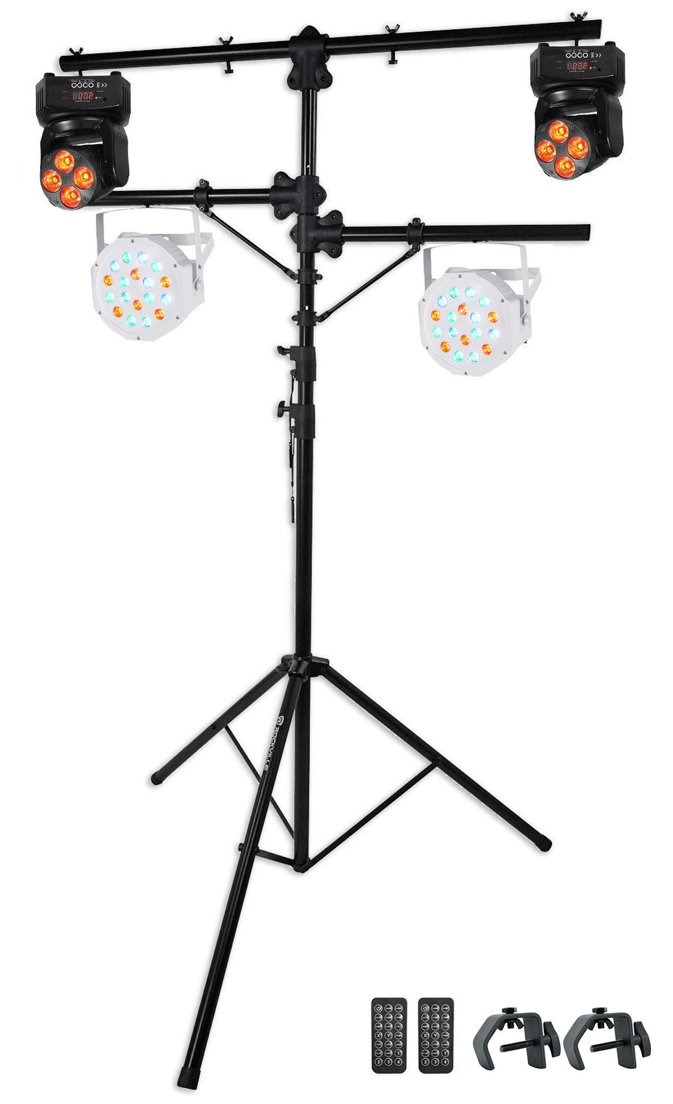 Rockville Tripod Tree Stand w/ (2) RGBW Moving Heads+(2) RGB Wash Par Can Lights