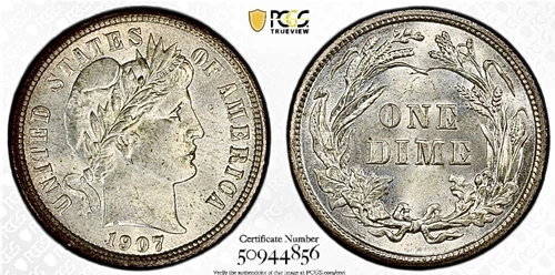 1907 BARBER SILVER DIME PCGS & CAC MS64+
