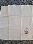  Linen Handkerchief 9.5 inch Square White Background Embroidered Pansies Purple