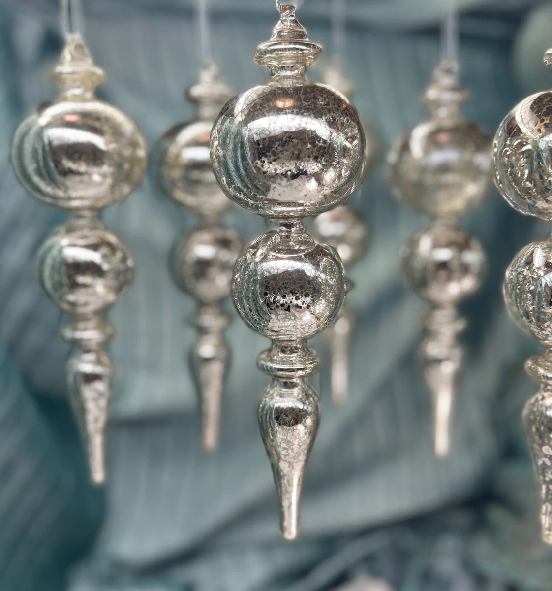 Silvered Mercury Glass Finial Ornaments Set of SIX Christmas
