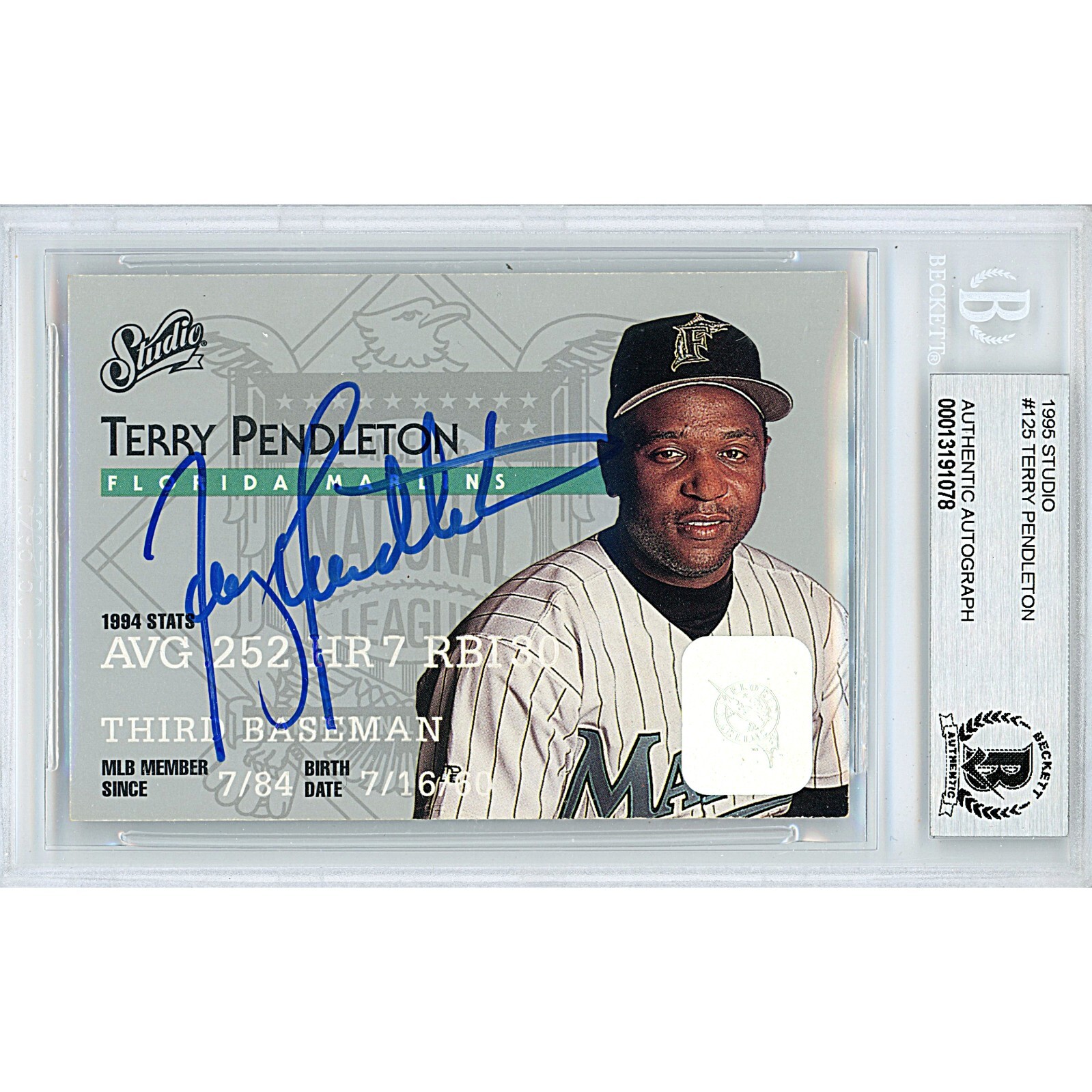 Terry Pendleton Signed 1995 Studio #125 Beckett BAS Slabbed Marlins MLB Auto