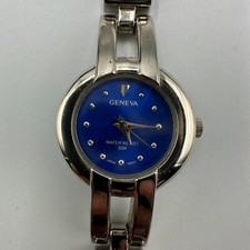 Geneva Watch Women Silver Tone Small Blue Dial 22MM New Battery 6.25 Inch