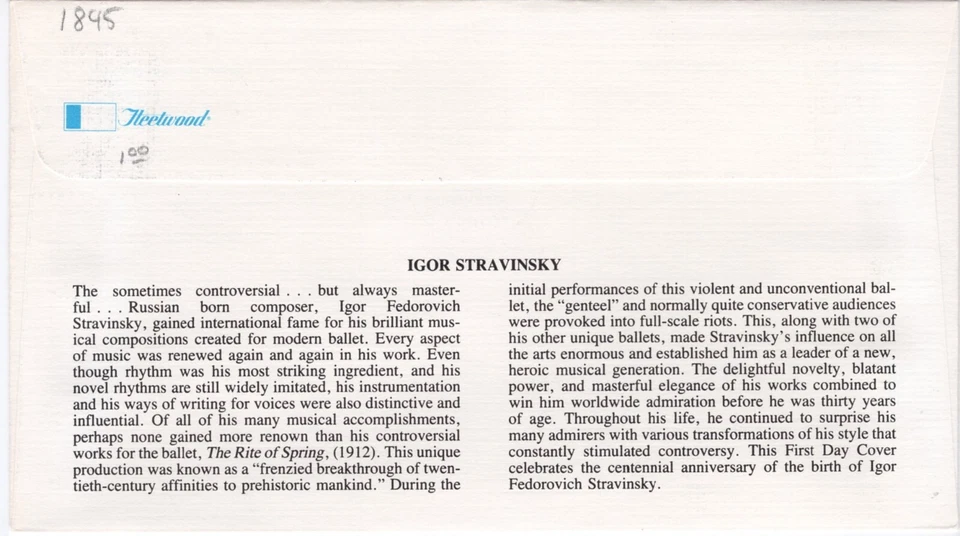 USPS FDC #1845 1982 2¢ Igor Stravinsky #1890 1981 18¢ Flag Over Field ST2601 - Image 2 of 2