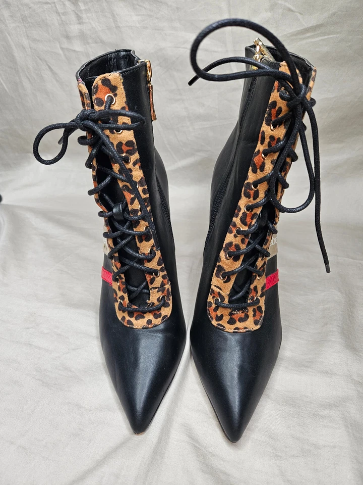 Bebe 系带细跟靴女式 8.5 码黑色豹纹金色口音尖头 — 第 3/4 张图片