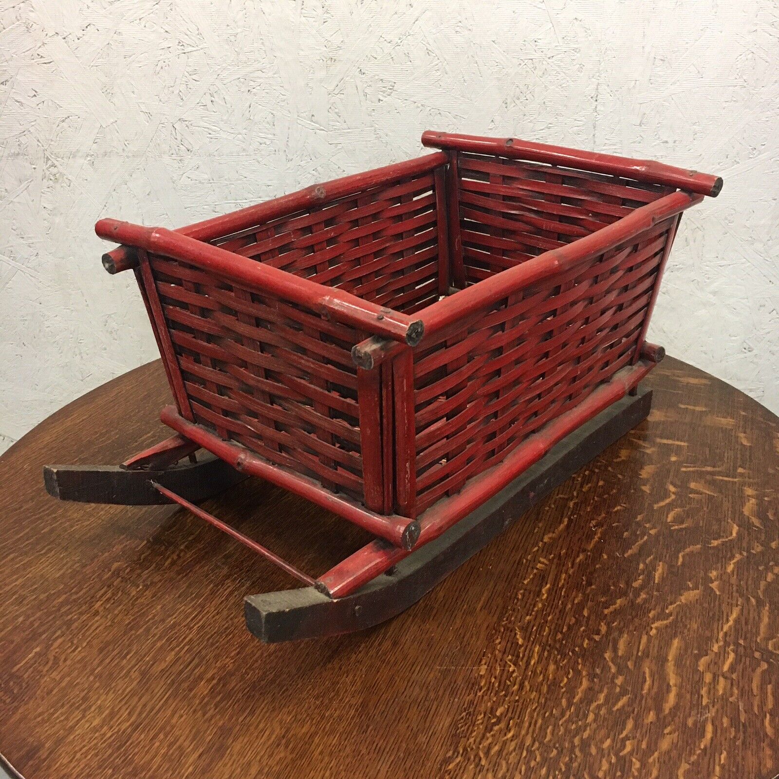 Vintage Red Bamboo Sleigh Christmas Wood Skates Woven Basket Wicker Decorative 