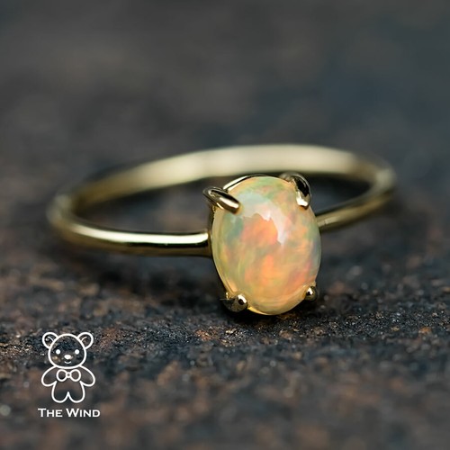 Top Quality Rainbow Color Mexican Fire Opal Engagement Wedding Ring 14K Gold