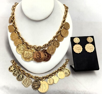 1986 The Franklin Mint Golden Caribbean Coin Necklace Bracelet and