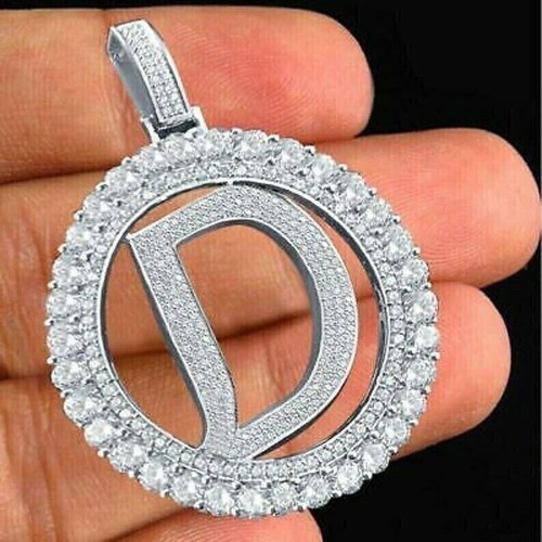 Round 2Ct Lab-Created Diamond Initial Letter "D" Pendant 14K White Gold Plated - Picture 3 of 5