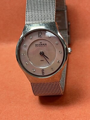 Skagen Stainless Steel  MOP Face Mesh Band Diamond Markers