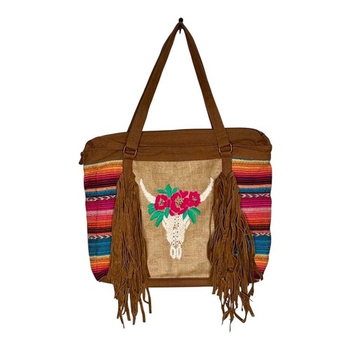 Boho Leather Serape Tote Bag Cow Skull Embroidered Fringe Shoulder Bag Large - Picture 9 of 15