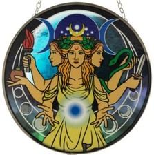 TRIPLE MOON SUNCATCHER, Pagan Goddess 12" Stained Glass Suncatcher, GLASS ART