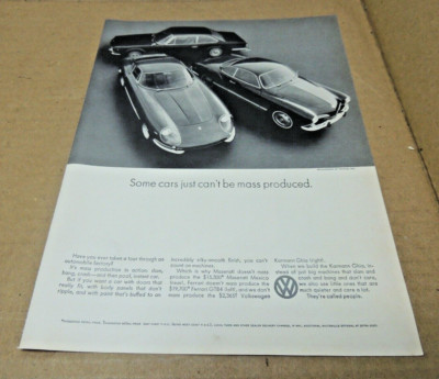 1969 Original Print Ad Volkswagen Maserati Ferrari GTB4 can't be mass produced