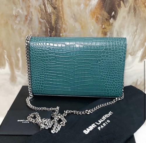 Saint Laurent Croc Embossed Green Monogram YSL Classic Chain Wallet Clutch Bag - Picture 5 of 8