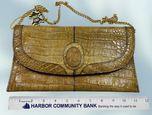 Echtes Leder Brown Leather Croc Embossed Clutch Shoulder Purse Bag with Chain - Picture 7 of 9