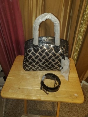 BRAHMIN ROSETTA BLACK CASTLE GLEN w SILVER HARDWRE ACCTS & STUDS LEATHER HANDBAG