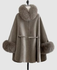 Women's Brand New Taupe Beige Cashmere Wool Cape Cloak Jacket Coat Fox Fur