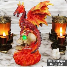 Red Dragon On Skull LED Sculpture Ornament Fire Figurine Fantasy Myth Home Decor