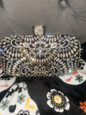 Corelin Black Rhinestone Clutch Gold Hardware Detachable Strap Glittered