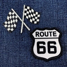 2-Pack Route 66 & Checkered Flags Patch Set - Embroidered Racing Badges Iron On