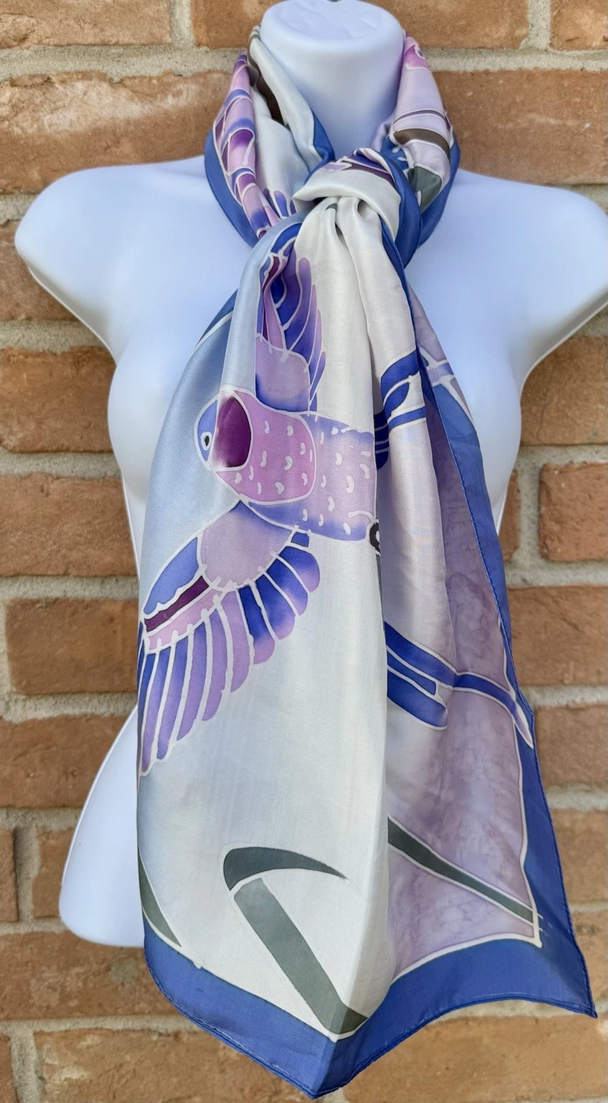 Women's Hand Painted 100% Silk 58 Inch Long Hummingbird Vignettes Scarf Blues
