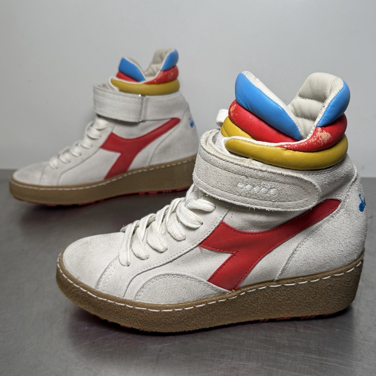 Diadora Womens Sz 8 Heritage High Top Leather Sneakers White Red Yellow Blue