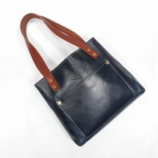 Lifetime Leather Co. 'Lifetime Mini Tote' Navy Blue Brown Thick Leather Tote Bag