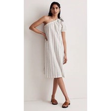 Madewell Womens Midi Dress Medium White Stripe Seersucker One-Shoulder NJ887 NWT