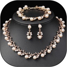 Rrdaily Rhinestone Pearl Wedding Jewelry Set for Bride Bridesmaid Bohemia Adjust