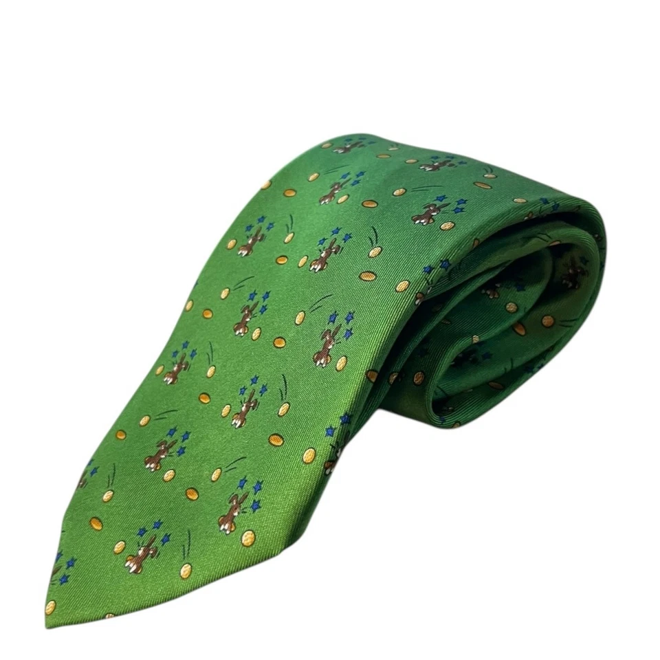 Corbata Hermes Green Bunny - Conejos saltadores y monedas de oro seda hechas en Francia Foto 2 de 4