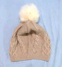 UGG Australia BEIGE w/METALLIC GOLD Cable Knit LARGE POM POM Beanie HAT/CAP OS