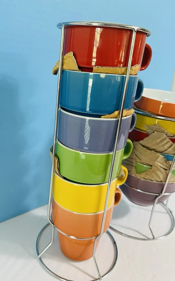 14 Piece Stackable Rainbow Colored Bowl & Mug Set with Metal Holding Racks~NIB - Image 2 of 4