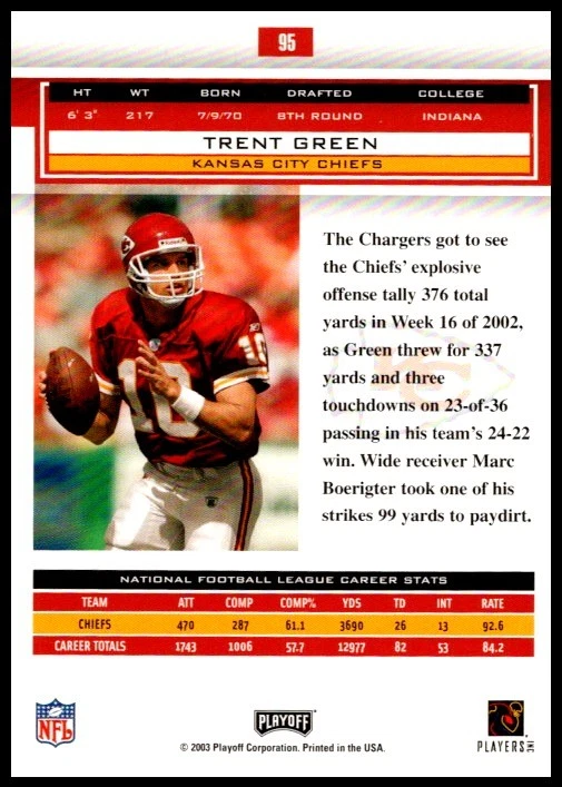 2003 Trent Green Playoff Honors FOOTBALL #95 Kansas City Chiefs - Image 2 of 2