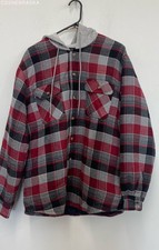 Wrangler Red Gray Men's Plaid Hooded Quilted Lined Flannel Jacket Shacket Large
