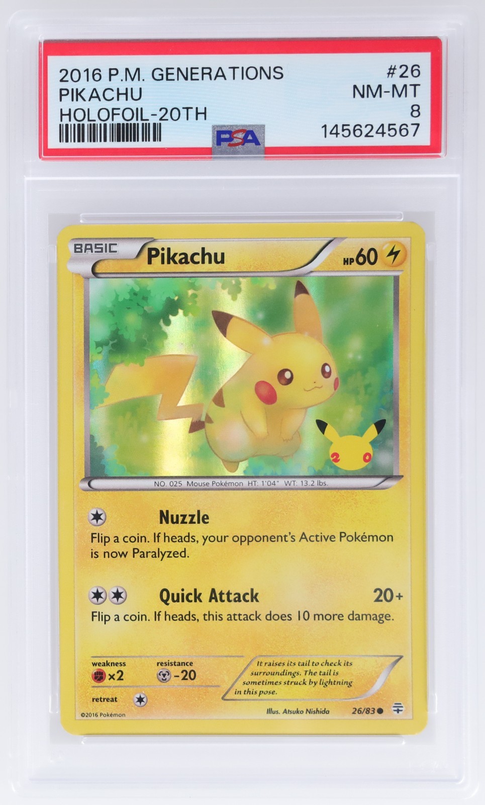 2016 Pokemon Generations Pikachu #26 PSA 8 Holofoil 20th NM-MT Holo Promo