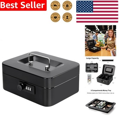 Secure Cash Box Money Tray Combination Lock Black Alloy Steel Portable Storage