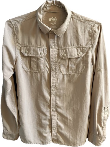 REI Shirt Kids Size Large L 14 16 Beige Snap Button Long Sleeve Hiking Outdoor