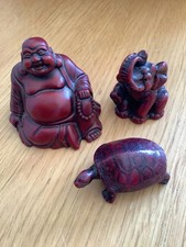 Red Resin Laughing Buddha, Elephant and Tortoise Figurines Set of 3