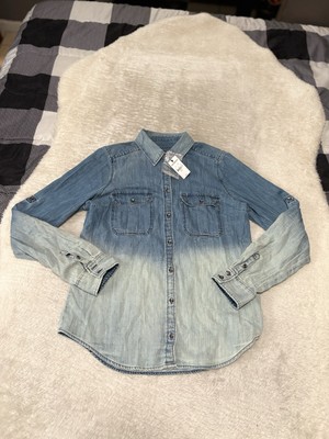 New Express Womens Blue Button Down Denim Roll Up Shirt Size Small