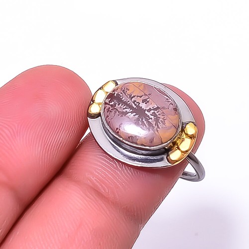 Sonoran Dendritic Jasper Black And Gold Plated 925 Sterling Silver Ring s.8 R46