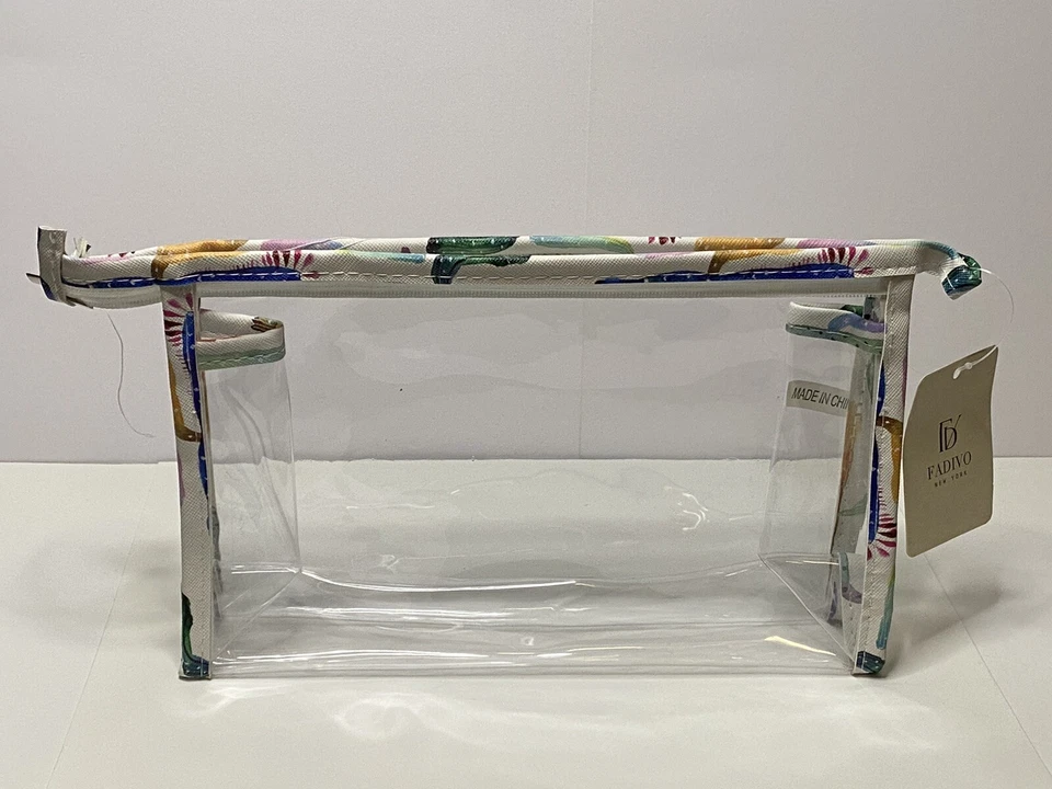 Bolsa de maquillaje, juego de 3, plástico transparente y lona blanca con estampado de cactus. Foto 2 de 4