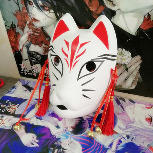 Full Face Fox Mask Kitsune PVC Negro Multicolor Cosplay de Halloween pintado a mano - Imagen 4 de 20