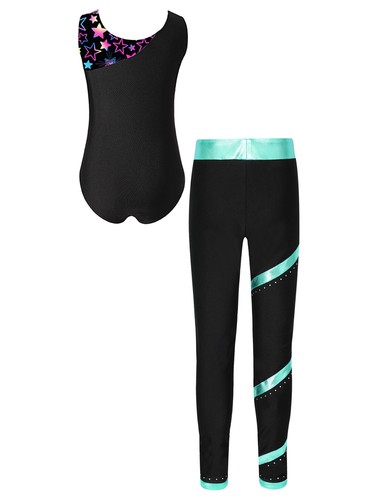 Kids Girls Outfit Performance Leotard Training Set Metallic Hoodie Printed Suit - Picture 52 of 62