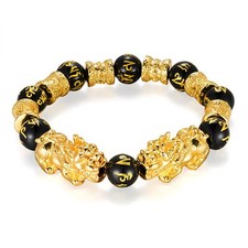 Feng Shui Black Agate Beads Bracelet Attract Wealth Good Luck Bangle pixiu 12mm
