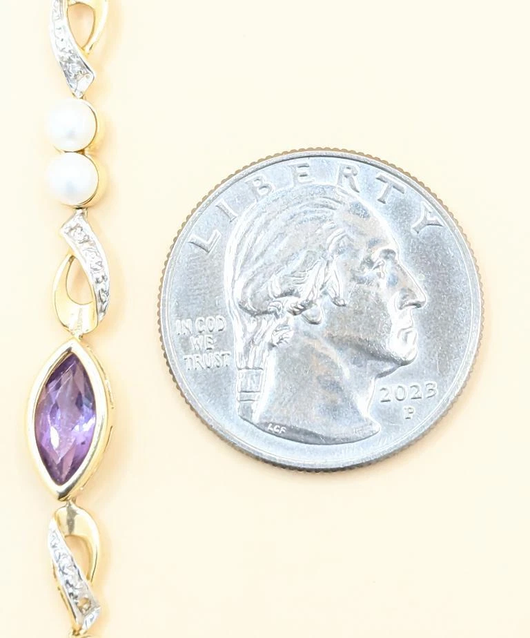 Brazalete 7" 14K Oro Sólido 2 Tonos 8.1g Amatista y Perla Cultivada Infinity Twist Foto 3 de 4