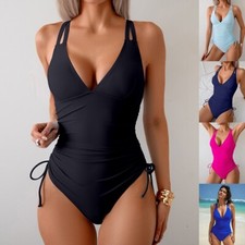 Ladies Womens One Piece Swimsuit V Neck Ruched Swimwear Beach Holiday Costume UK