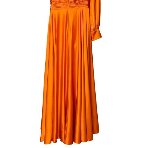 NEW Mac Duggal Ieena One Shoulder Bishop Sleeve Gown Spice Orange Pockets Sz 12 - Picture 8 of 14
