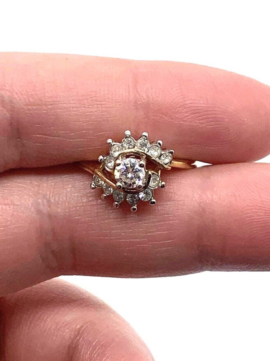 Vtg Taiwan Gold Tone Cubic Zirconia CZ Clear Glass Engaged Love