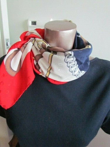 Ted Lapidus Paris 34" Silk Damask Printed Scarf Vintage Horse Tack Navy Red Whit