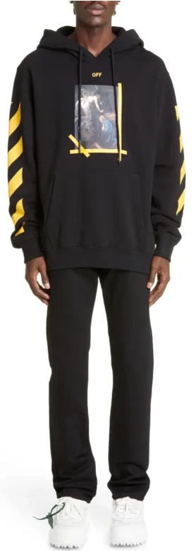 OFF WHITE Felpa con cappuccio bianca Caravaggio pittura grafica nera taglia XL